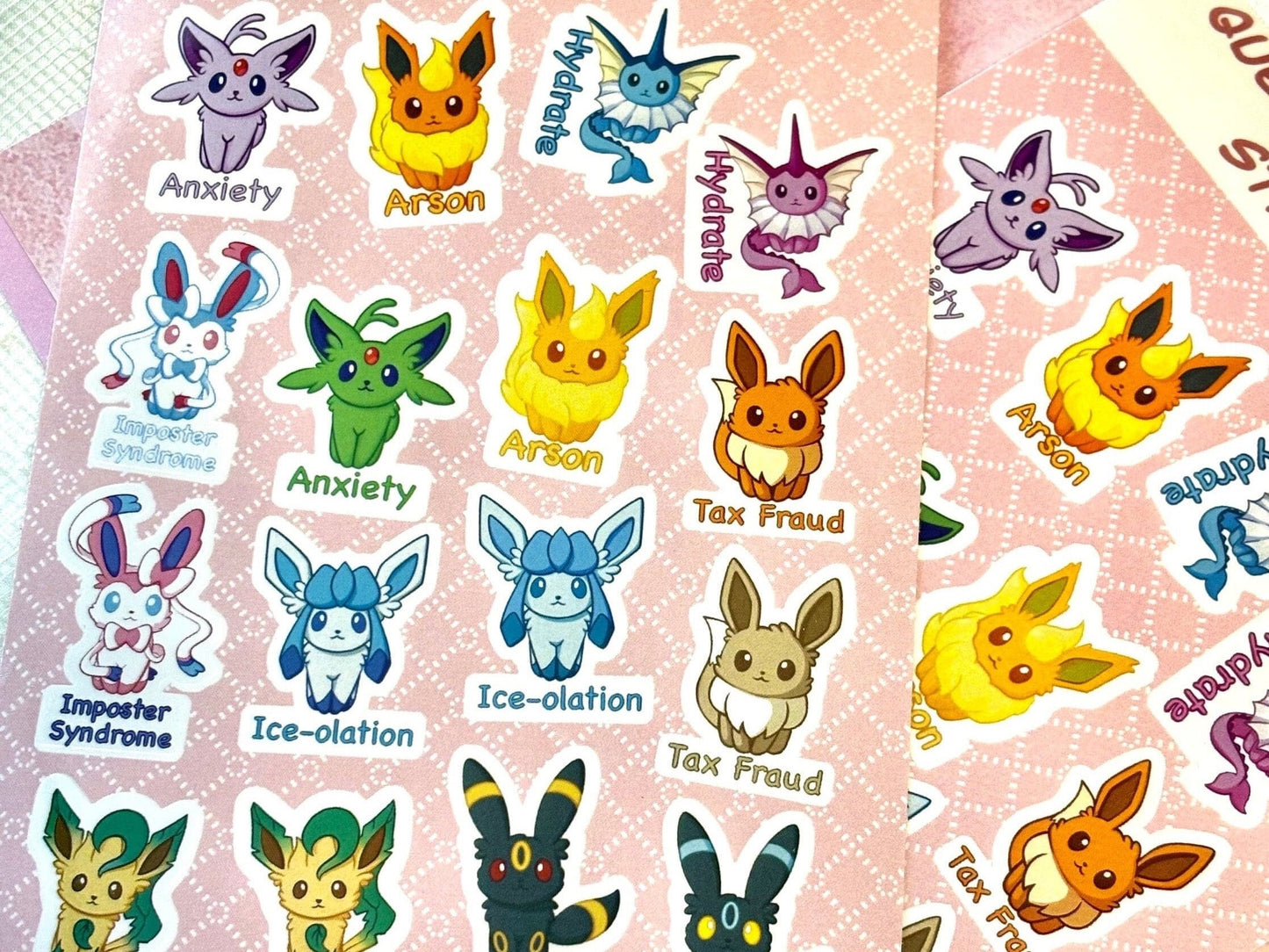 Questionable Mental Health Stickersheet | Eeveelution Self Care Fanart Waterproof Vinyl Stickers