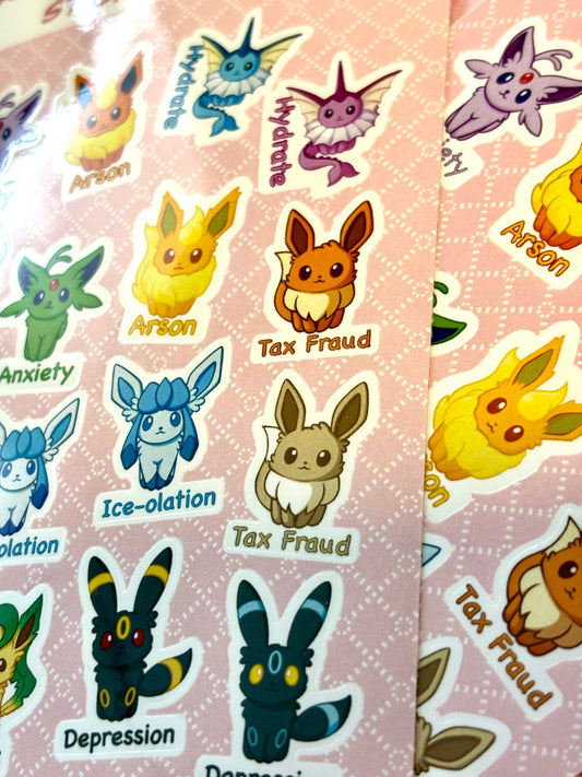 Questionable Mental Health Stickersheet | Eeveelution Self Care Fanart Waterproof Vinyl Stickers