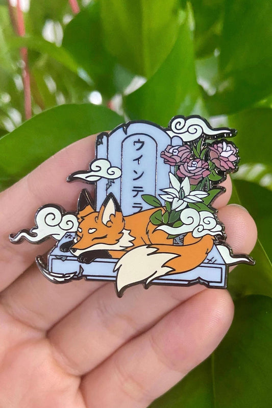 Glow In The Dark Tombstone Fox Hard Enamel Pin | 2” Black Nickel | Original Art