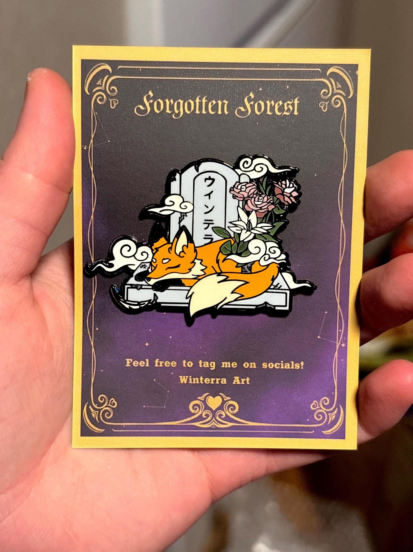 Glow In The Dark Tombstone Fox Hard Enamel Pin | 2” Black Nickel | Original Art