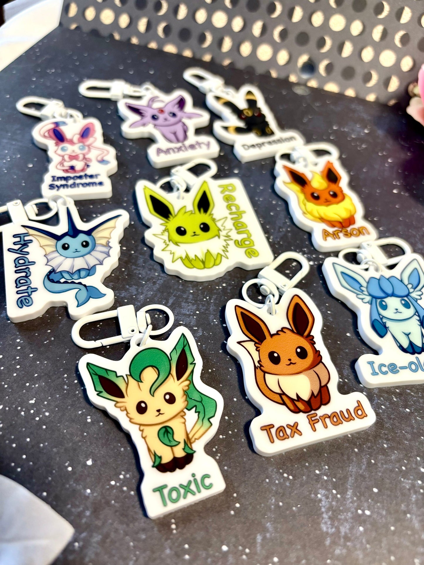 Double-sided Questionable Eeveelutions Acrylic Keychain Charm | Cute and Funny Fanart Gifts