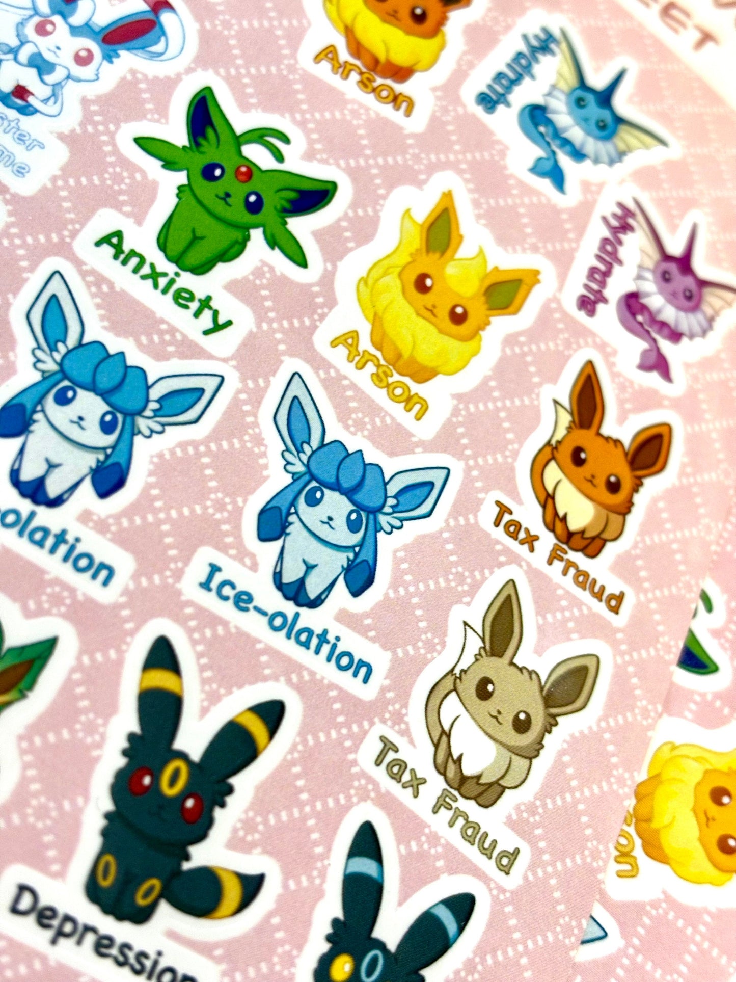 Questionable Mental Health Stickersheet | Eeveelution Self Care Fanart Waterproof Vinyl Stickers