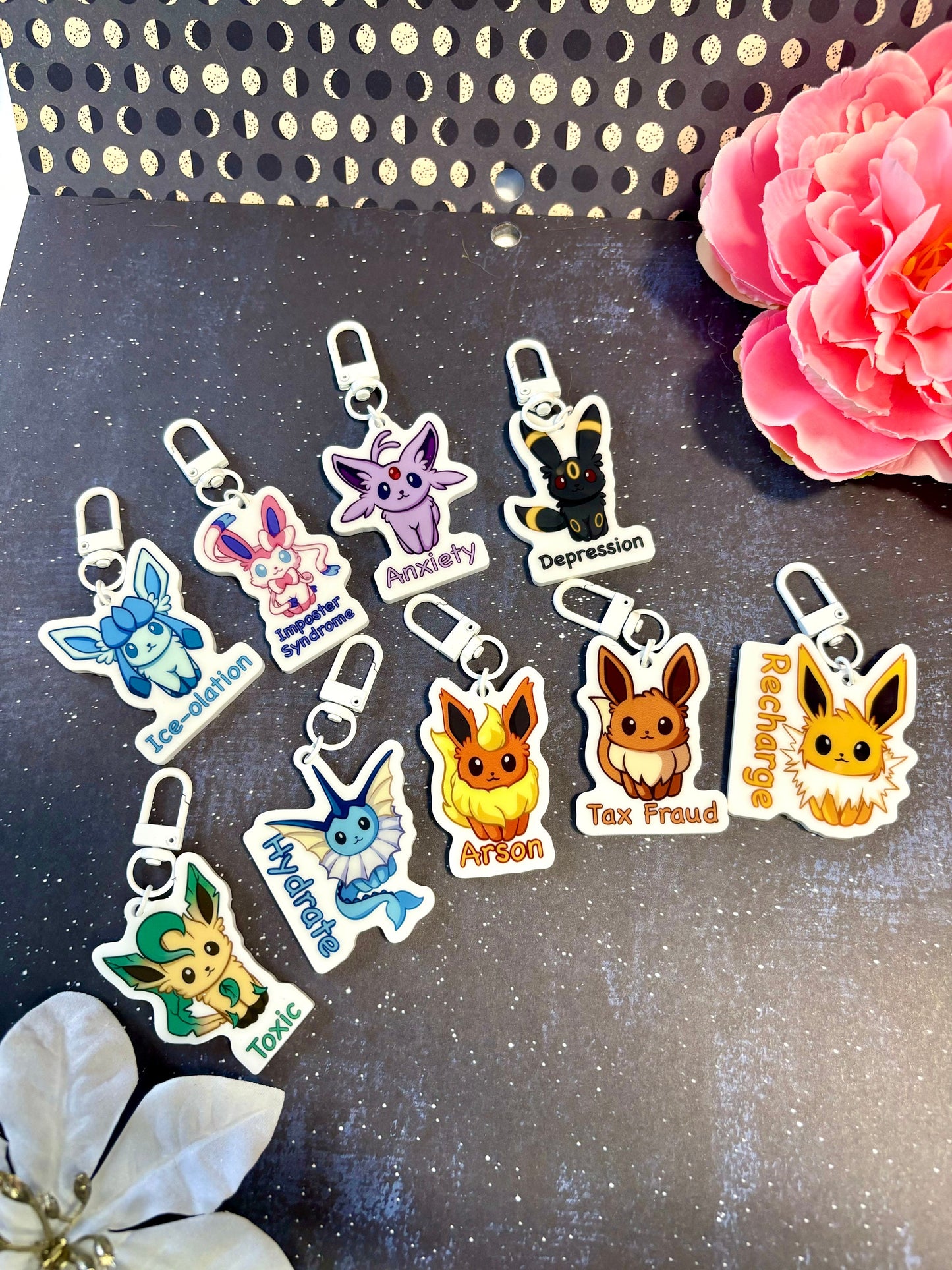 Double-sided Questionable Eeveelutions Acrylic Keychain Charm | Cute and Funny Fanart Gifts