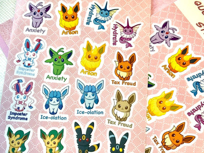 Questionable Mental Health Stickersheet | Eeveelution Self Care Fanart Waterproof Vinyl Stickers