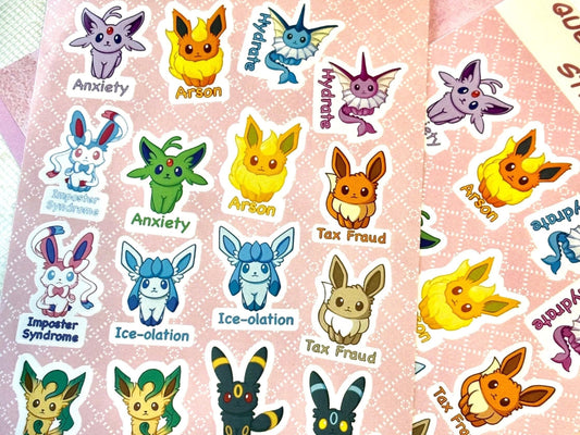 Questionable Mental Health Stickersheet | Eeveelution Self Care Fanart Waterproof Vinyl Stickers