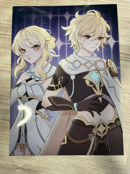 Aether and Lumine Art Print | Genshin Impact Traveler Fanart Poster Print (5x7 and 11x17) Wall Art