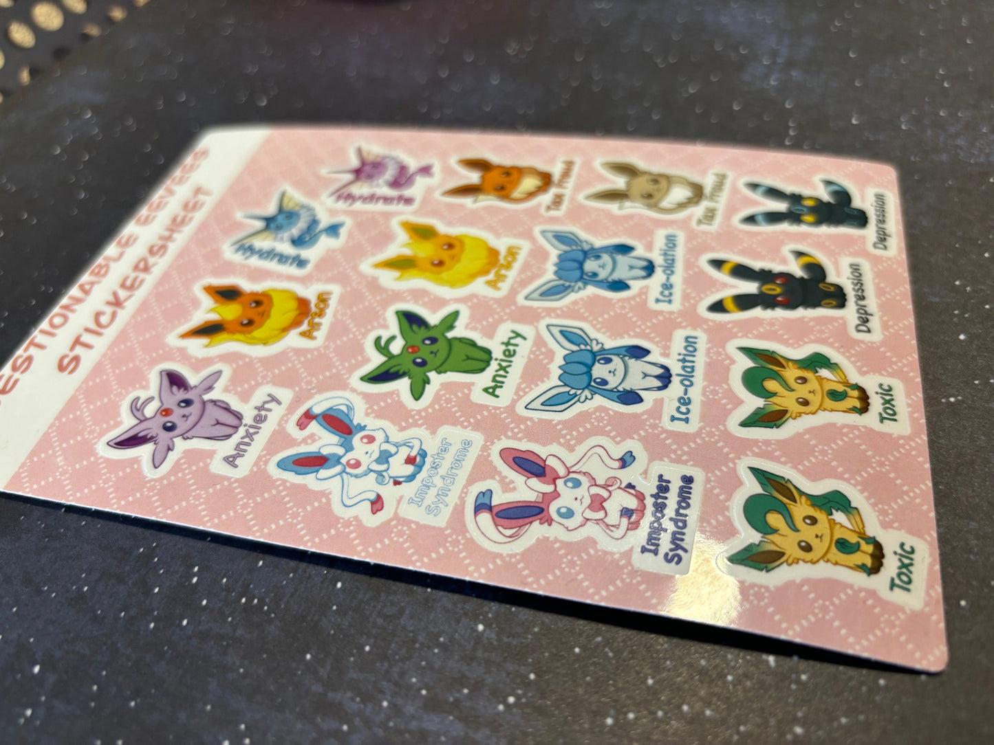 Questionable Mental Health Stickersheet | Eeveelution Self Care Fanart Waterproof Vinyl Stickers