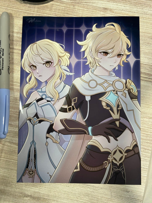 Aether and Lumine Art Print | Genshin Impact Traveler Fanart Poster Print (5x7 and 11x17) Wall Art