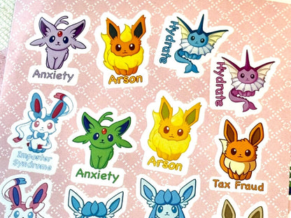 Questionable Mental Health Stickersheet | Eeveelution Self Care Fanart Waterproof Vinyl Stickers