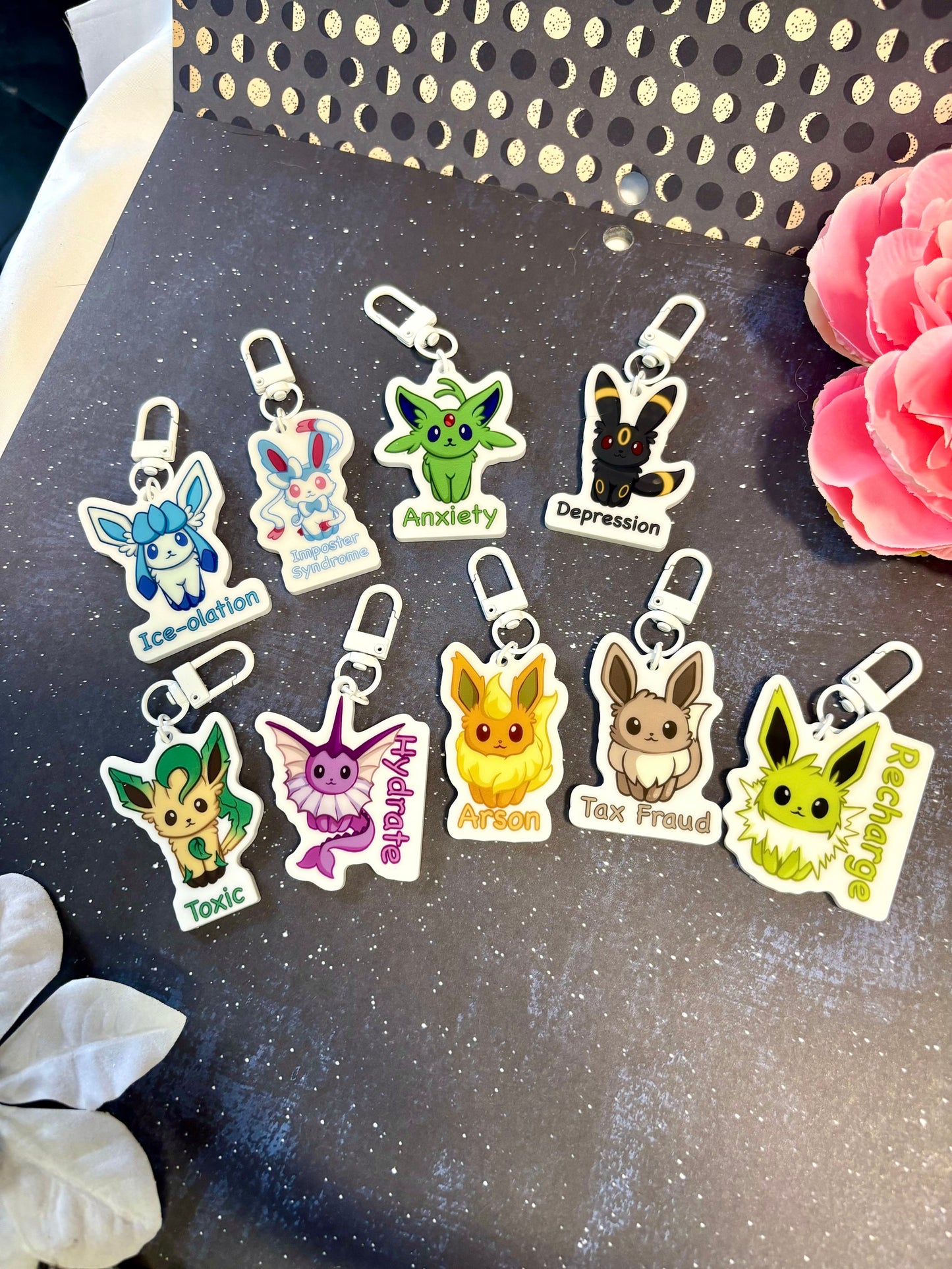 Double-sided Questionable Eeveelutions Acrylic Keychain Charm | Cute and Funny Fanart Gifts