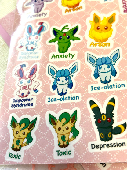 Questionable Mental Health Stickersheet | Eeveelution Self Care Fanart Waterproof Vinyl Stickers