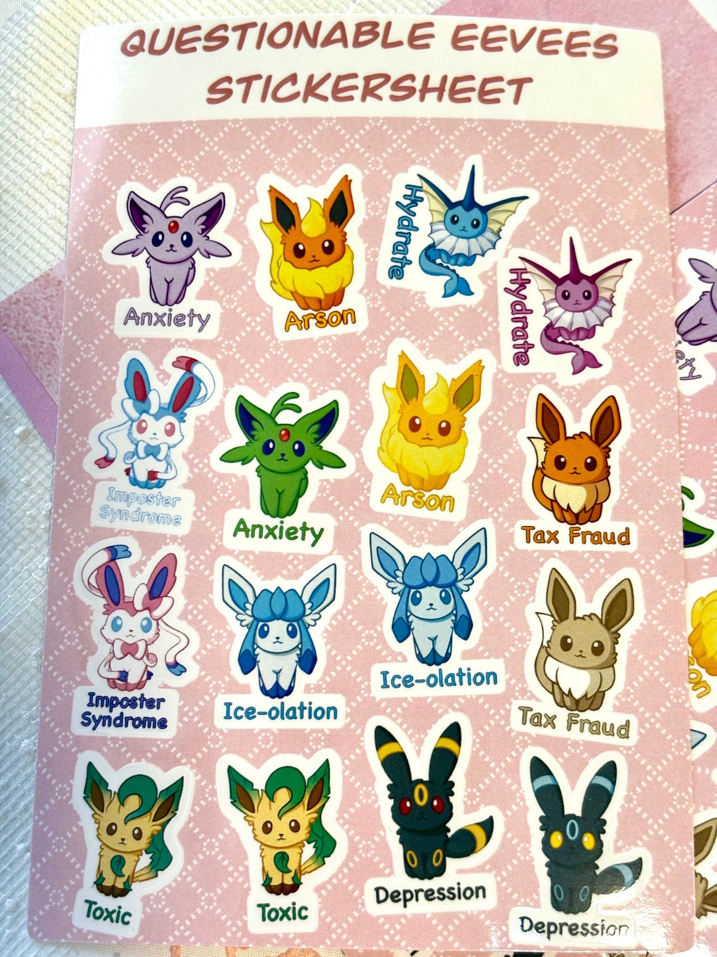 Questionable Mental Health Stickersheet | Eeveelution Self Care Fanart Waterproof Vinyl Stickers