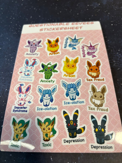 Questionable Mental Health Stickersheet | Eeveelution Self Care Fanart Waterproof Vinyl Stickers