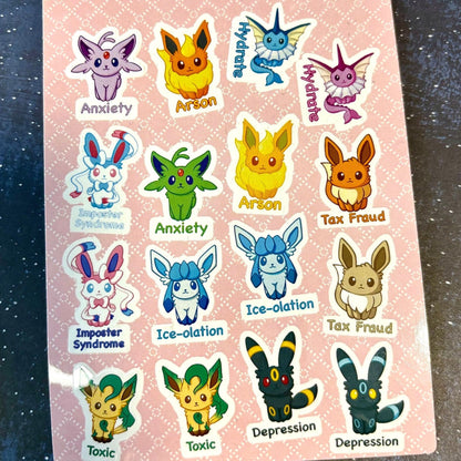 Questionable Mental Health Stickersheet | Eeveelution Self Care Fanart Waterproof Vinyl Stickers