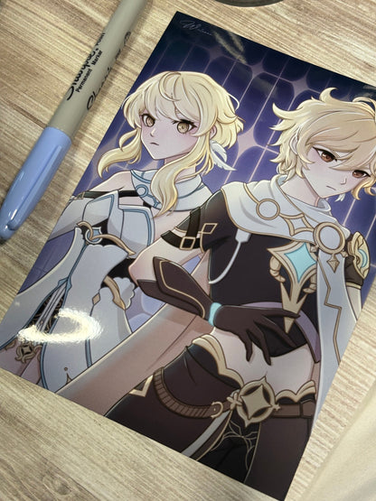 Aether and Lumine Art Print | Genshin Impact Traveler Fanart Poster Print (5x7 and 11x17) Wall Art