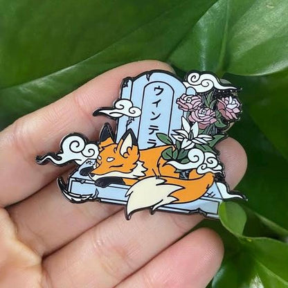 Glow In The Dark Tombstone Fox Hard Enamel Pin | 2” Black Nickel | Original Art