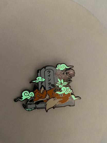 Glow In The Dark Tombstone Fox Hard Enamel Pin | 2” Black Nickel | Original Art