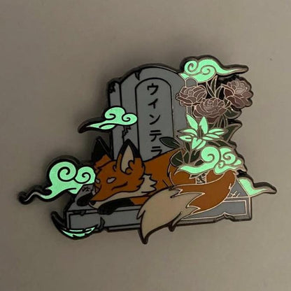 Glow In The Dark Tombstone Fox Hard Enamel Pin | 2” Black Nickel | Original Art