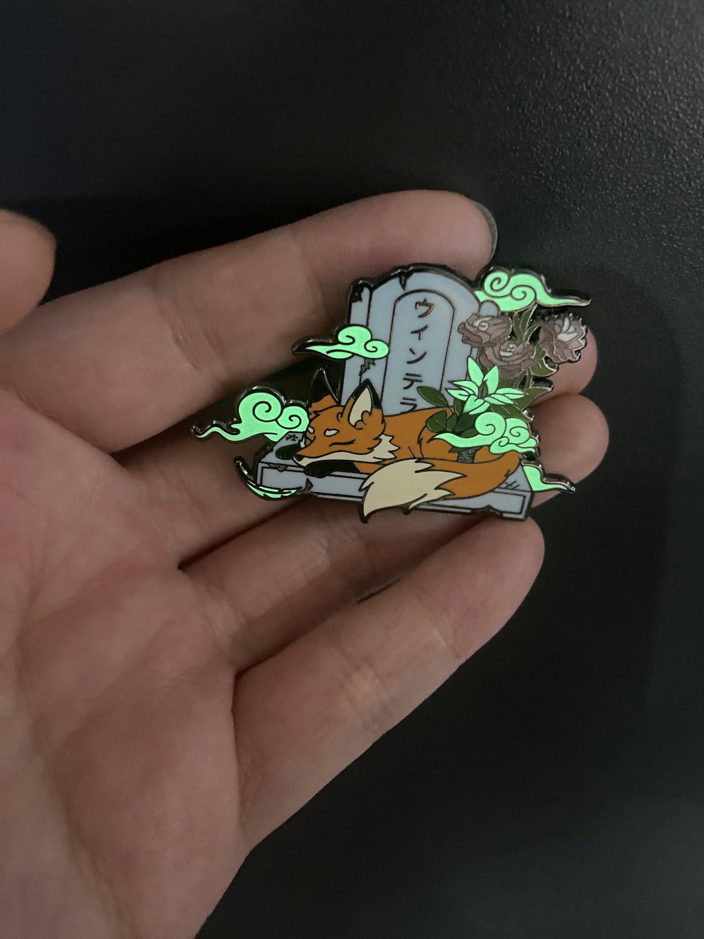 Glow In The Dark Tombstone Fox Hard Enamel Pin | 2” Black Nickel | Original Art