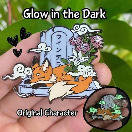 Glow In The Dark Tombstone Fox Hard Enamel Pin | 2” Black Nickel | Original Art