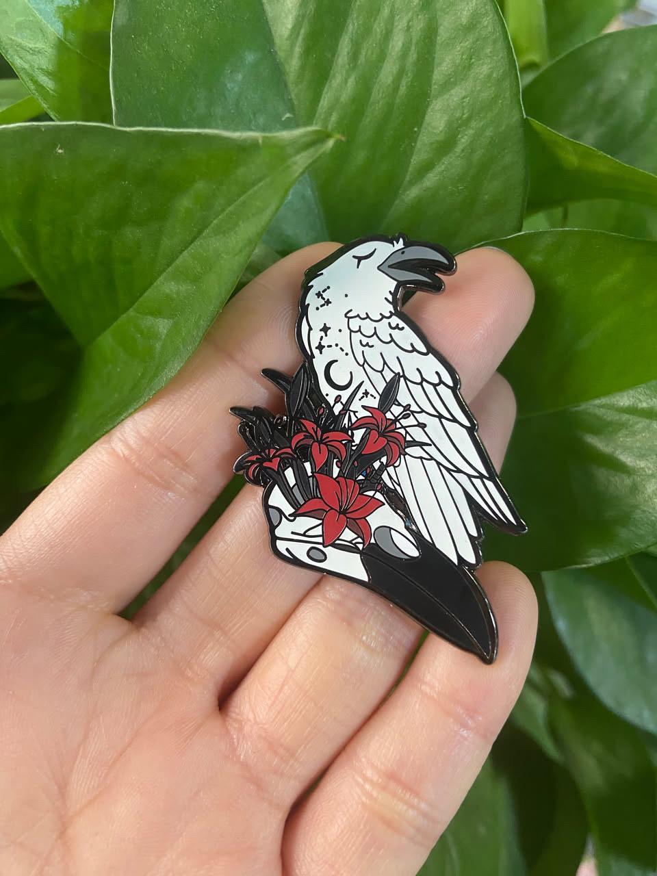Glow In The Dark Ghost Raven Hard Enamel Pin | 2” Black & Silver Plating | Original Art