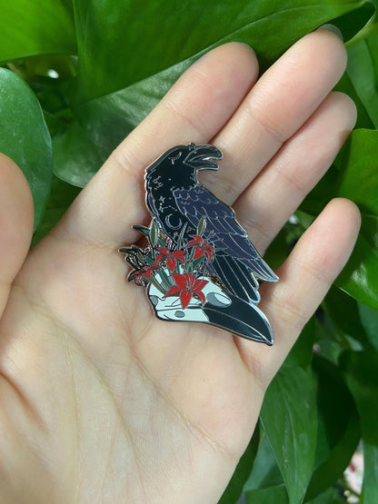 Glow In The Dark Ghost Raven Hard Enamel Pin | 2” Black & Silver Plating | Original Art