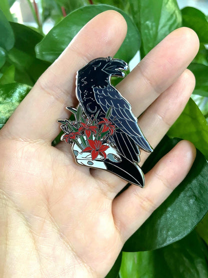 Glow In The Dark Ghost Raven Hard Enamel Pin | 2” Black & Silver Plating | Original Art