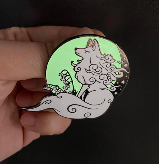 Glow In The Dark Ghost Wolf Hard Enamel Pin | 2” Black Nickel | Original Art