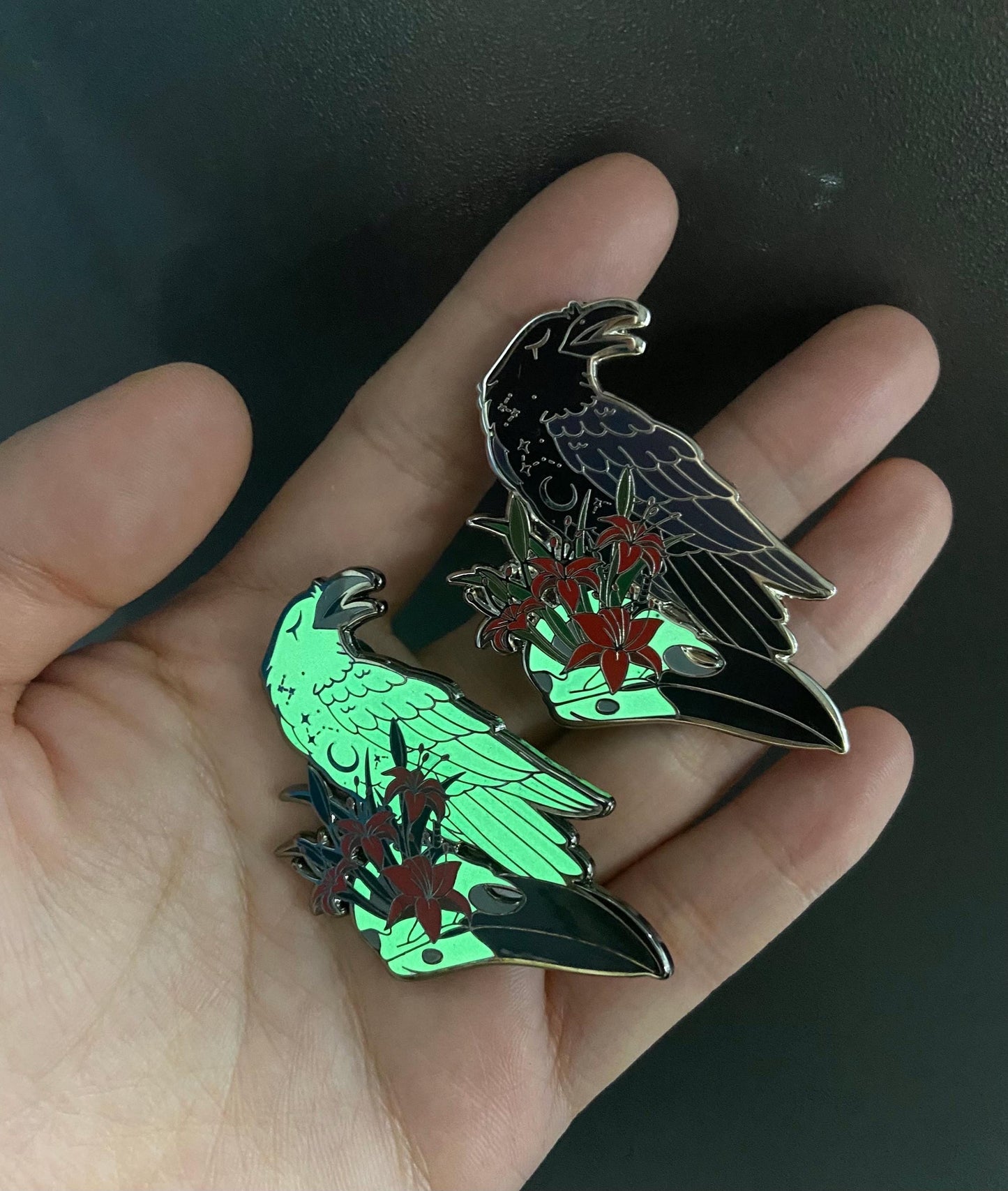 Glow In The Dark Ghost Raven Hard Enamel Pin | 2” Black & Silver Plating | Original Art