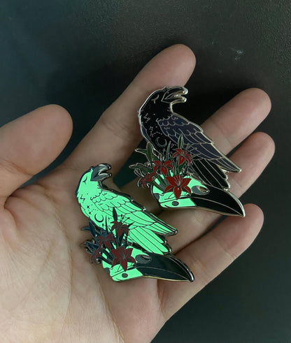 Glow In The Dark Ghost Raven Hard Enamel Pin | 2” Black & Silver Plating | Original Art
