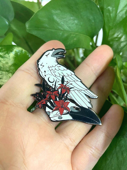 Glow In The Dark Ghost Raven Hard Enamel Pin | 2” Black & Silver Plating | Original Art