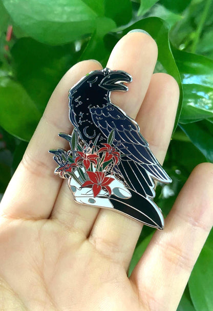 Glow In The Dark Ghost Raven Hard Enamel Pin | 2” Black & Silver Plating | Original Art